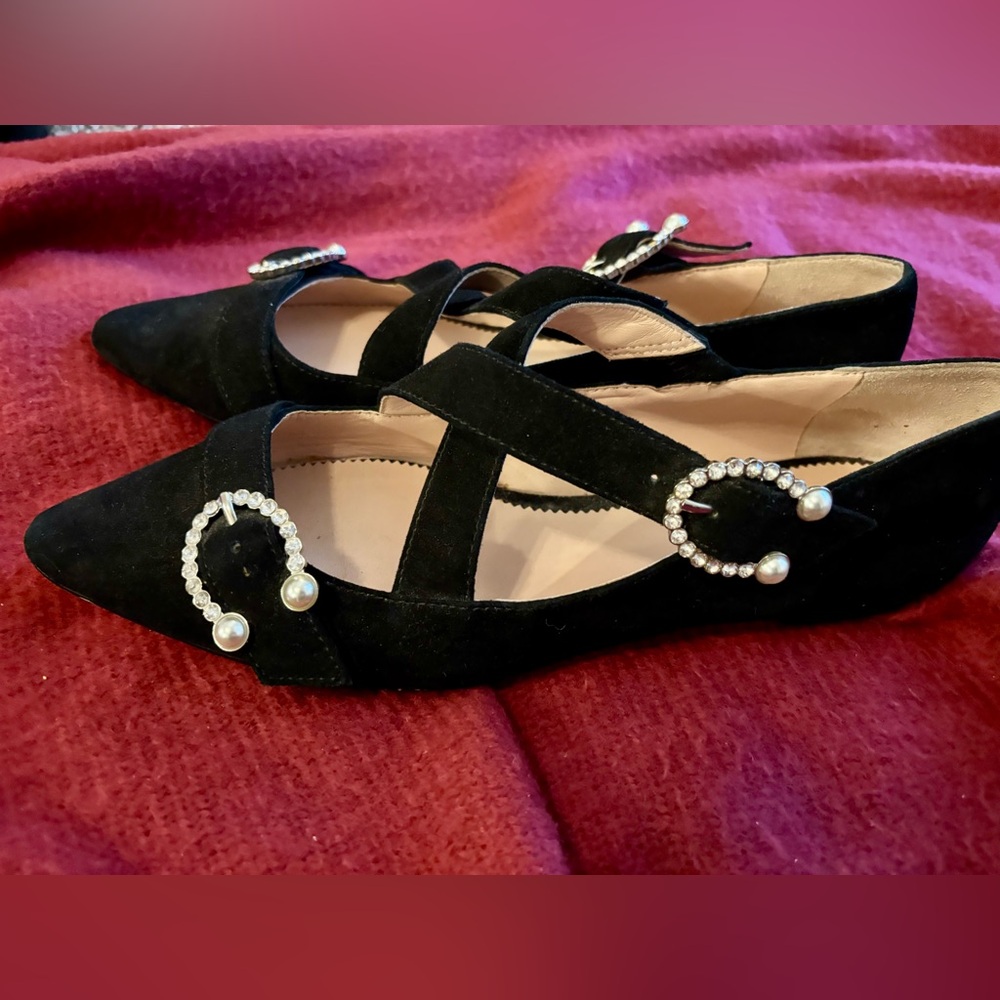 J.Crew 7.5 Point Toe Criss Cross Suede Black Ballet Flat with Pearl Buckle